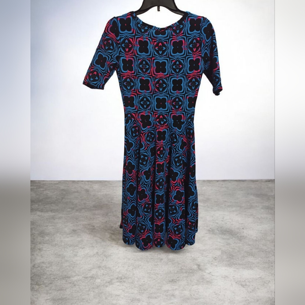 LuLaRoe Nicole Blue and Red Patterned Midi Dress - Picture 2 of 4